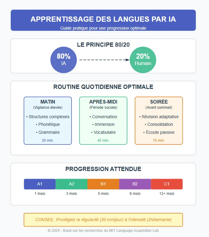 Infographie: Protocole d'apprentissage des langues par IA illustrant le principe 80/20, la routine quotidienne optimale (matin, après-midi, soirée) et la progression attendue (A1-C1). Guide visuel basé sur les recherches du MIT montrant comment l'IA accélère l'acquisition linguistique avec des recommandations précises pour chaque période d'apprentissage et des délais estimés pour atteindre chaque niveau CECR.